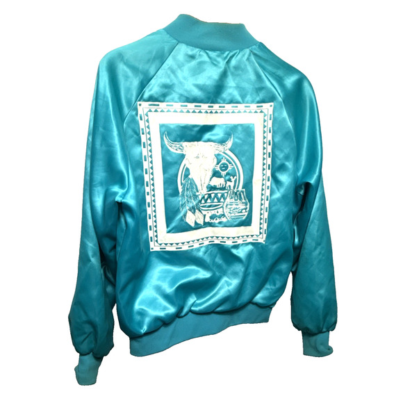 Vintage Turquoise Satin Jacket West Ark Southwestern Native Bar Lights Prod READ - Picture 2 of 14